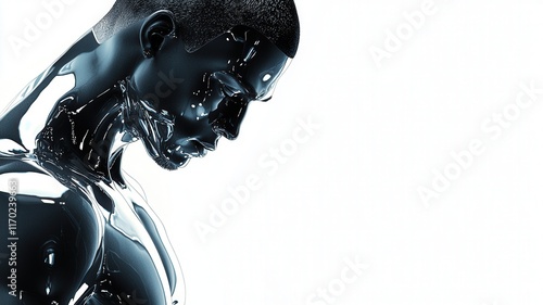 A sleek, futuristic humanoid figure with a glossy surface, depicted in side profile against a stark white background.