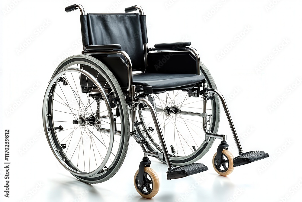 Fototapeta premium A modern, black wheelchair with silver wheels, designed for mobility and comfort, highlighting accessibility and independence.