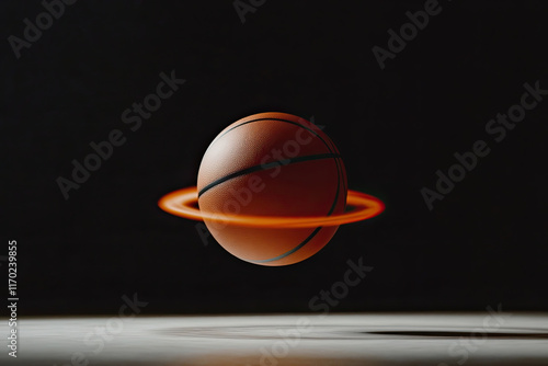 A basketball bouncing on its own, spinning a tiny hoop like a hat photo