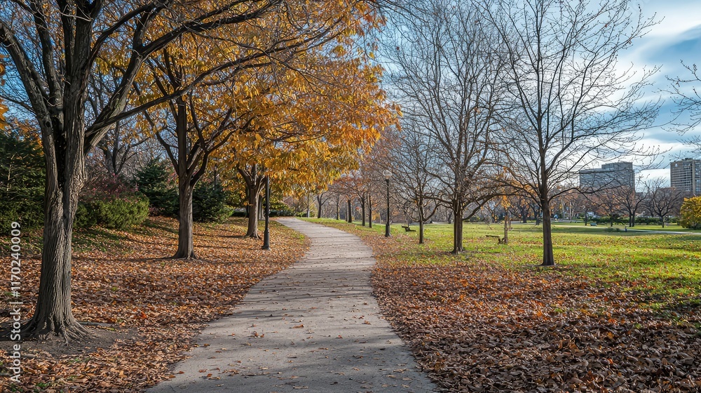 Naklejka premium Serene Autumn Pathway Through Trees in a City Park Landscape
