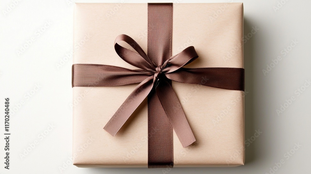 Beautifully Wrapped Gift Box with Brown Ribbon on Light Background Beautifully Wrapped Gift Box with Brown Ribbon on Light Background