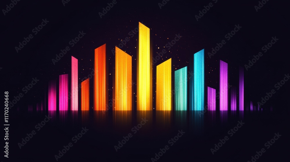 Vibrant digital sound wave visualization with glowing bars in orange, yellow, blue, and purple against a dark background Vibrant digital sound wave visualization with glowing bars in orange, yellow, blue, and purple against a dark background