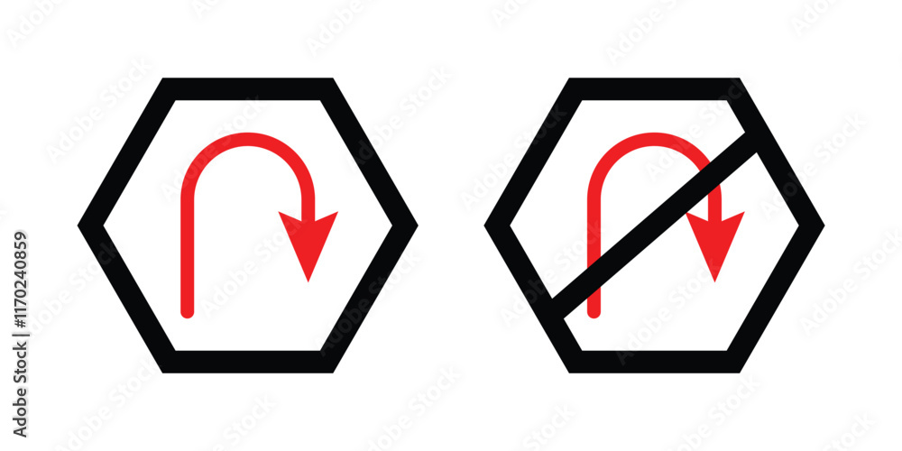 U turn right prohibited road sign, no right u turn allowed, move direction forbidden, red crossed circle vector pictogram in eps 10. U turn right prohibited road sign, no right u turn allowed, move direction forbidden, red crossed circle vector pictogram in eps 10.