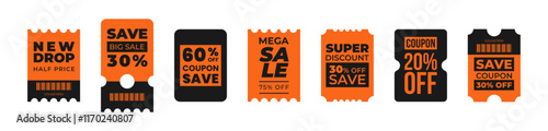 Set of discount coupon templates with sale text. Concept voucher for special offer, promotion, announcement, advertising. Orange, black colors. Vector illustration on transparent background