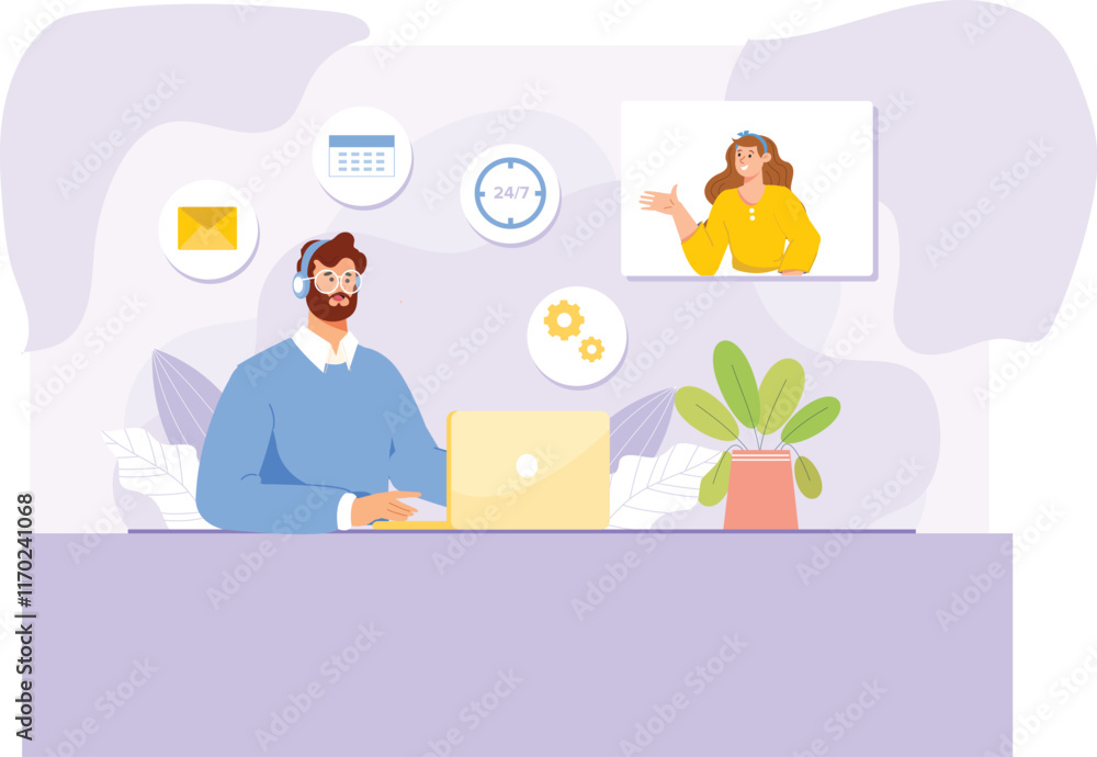 A modern illustration of a virtual assistant, represented as a friendly chatbot or digital agent on a screen, providing online support through chat, with icons for assistance, FAQs, and helpful resour A modern illustration of a virtual assistant, represented as a friendly chatbot or digital agent on a screen, providing online support through chat, with icons for assistance, FAQs, and helpful resour