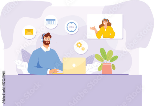 A modern illustration of a virtual assistant, represented as a friendly chatbot or digital agent on a screen, providing online support through chat, with icons for assistance, FAQs, and helpful resour