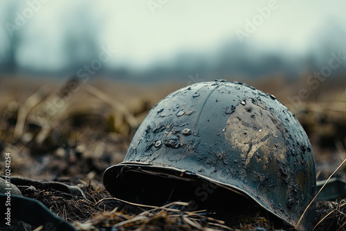 Old, weathered helmet lying on a field, evoking the history and reality of war photo