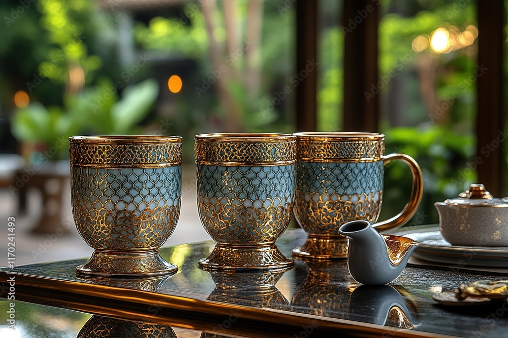 Elegant teal and gold teacups on a table, perfect for a sophisticated afternoon tea setting. Elegant teal and gold teacups on a table, perfect for a sophisticated afternoon tea setting.