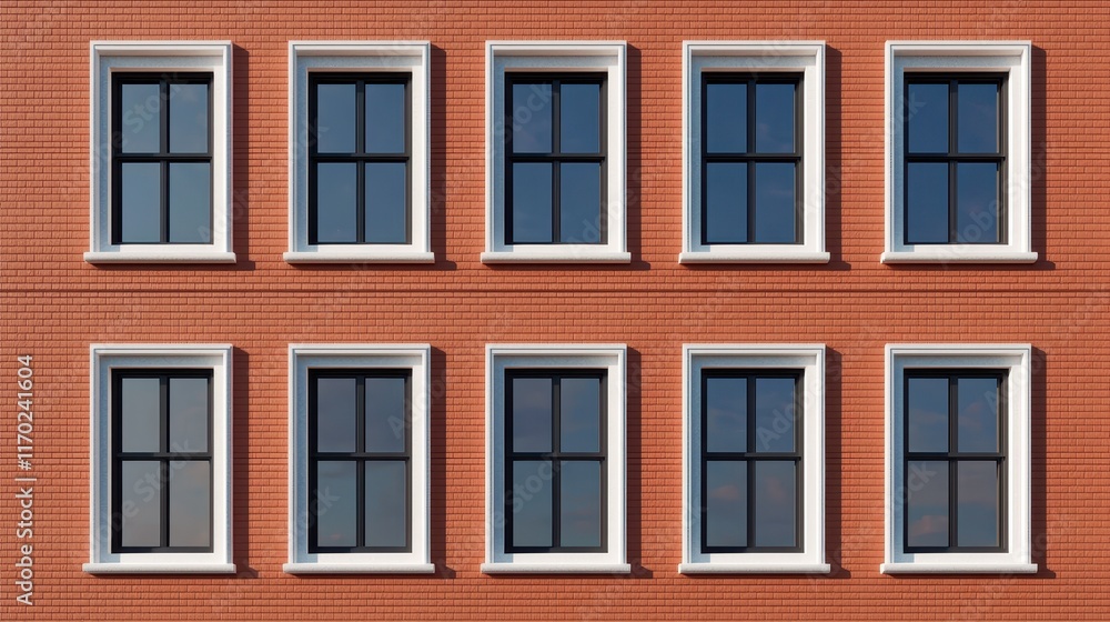 Rectangular Windows on Red Brick Wall in Urban Architecture Style Rectangular Windows on Red Brick Wall in Urban Architecture Style