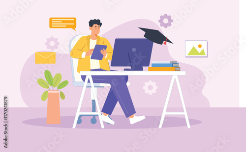 A vibrant illustration of a digital classroom, with students attending an online class via video calls, an instructor sharing a presentation, and interactive tools like a whiteboard and chat features,