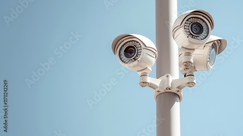 Outdoor security cameras mounted on a pole against clear blue sky, enhancing surveillance and safety.