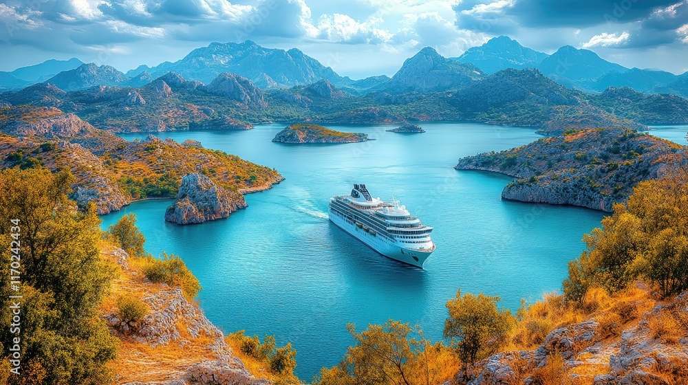Fototapeta premium Cruise ship sailing through a scenic bay surrounded by mountains and islands.