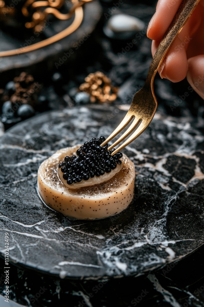 Fototapeta premium Hand holding a fork with edible diamonds on top of an oyster with a pearl inside it. The dish is elegant and exclusive, resembling luxury cuisine.