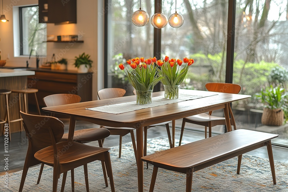 Modern dining room with wooden table, chairs, and bench. Orange tulips add a pop of color. Modern dining room with wooden table, chairs, and bench. Orange tulips add a pop of color.