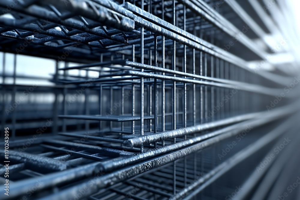 Fototapeta premium Close-up of a gridded metal structure, possibly rebar or a similar construction material, exhibiting a repeating pattern and industrial aesthetic