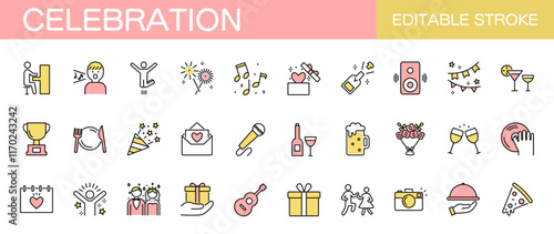 お祝いに関するラインアイコンセット　誕生日・結婚式・受賞など　編集可能　カラー