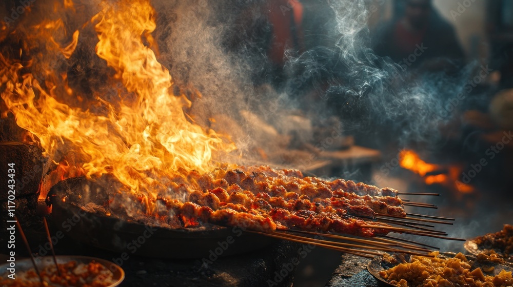Naklejka premium Fiery Street Food Delights: Char-Grilled Skewers