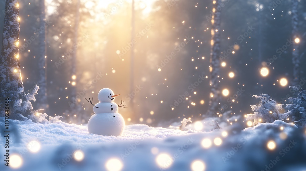 Fototapeta premium Snowman in a Magical Winter Forest Scene