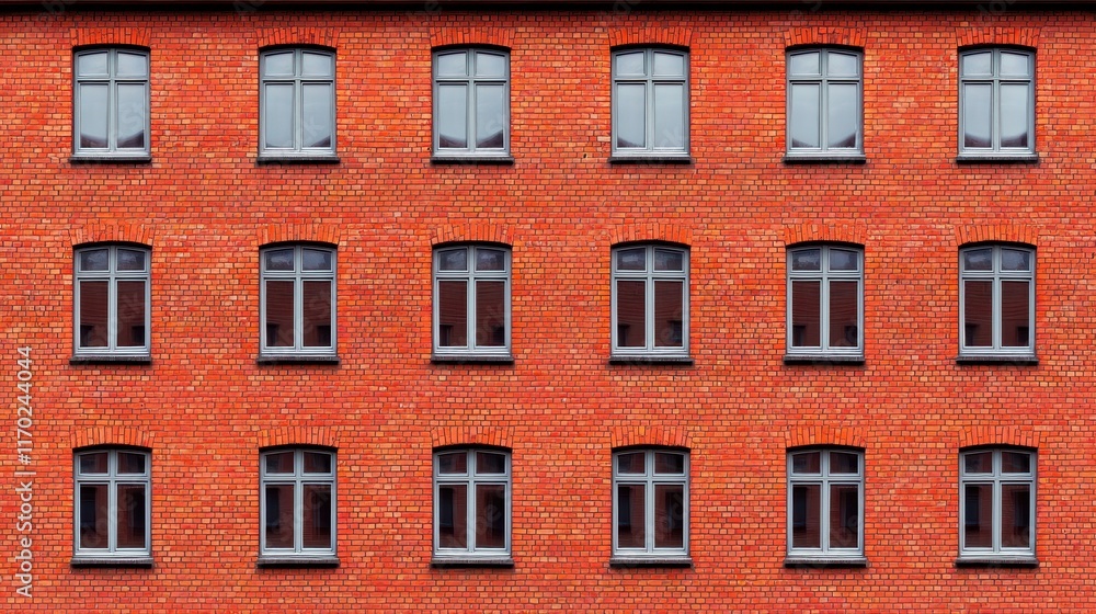 Fototapeta premium Red Brick Wall with Symmetrical Windows in Urban Setting