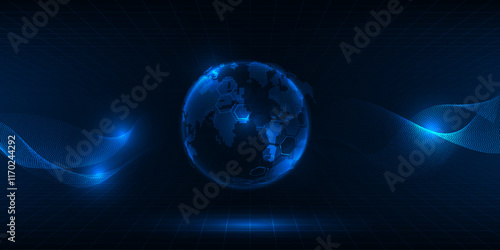 Vector illustrations of neon blue glowing globe on digital hi tech grid connecting wave form.Futuristic digital technology background.
