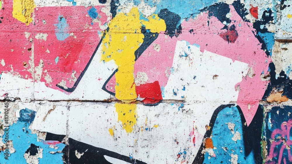 Naklejka premium Colorful and messy painted urban wall texture, full of vibrant splashes and abstract patterns. Great for modern design concepts, wallpaper backgrounds, or creative urban visuals.