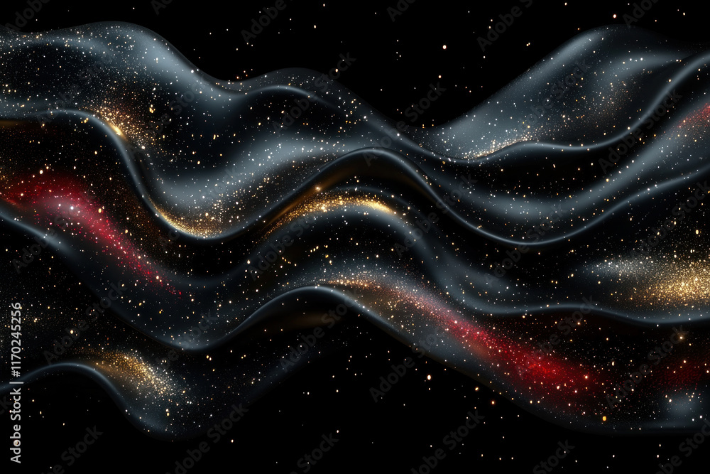 Obraz premium Flowing black fabric with red and gold glitter.