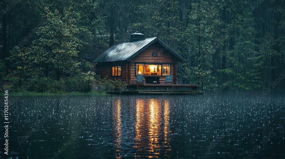 Fototapeta premium Cozy Cabin in Rainy Forest with Reflection on Calm Water