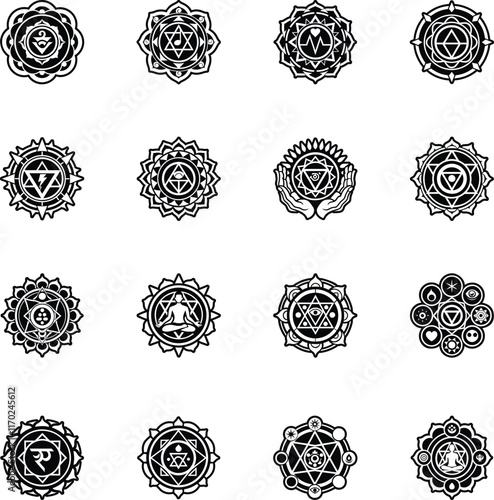 Bundle of Spiritual Chakra Symbols Glyph Style Icons 

