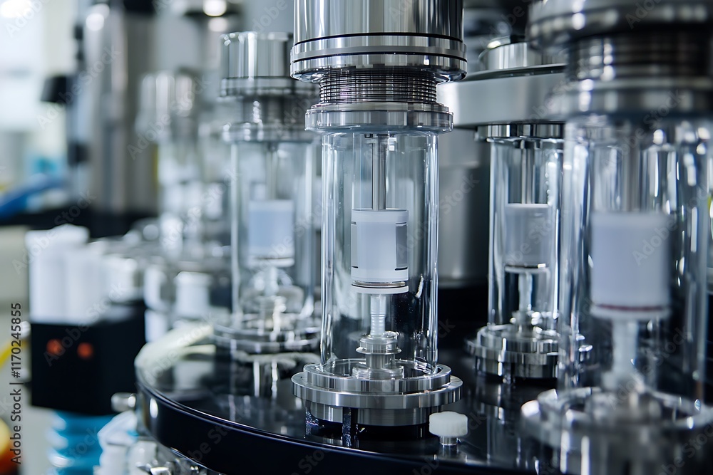 Shiny steel and glass machinery working on a production line in a pharmaceutical factory, creating innovative medicine Shiny steel and glass machinery working on a production line in a pharmaceutical factory, creating innovative medicine