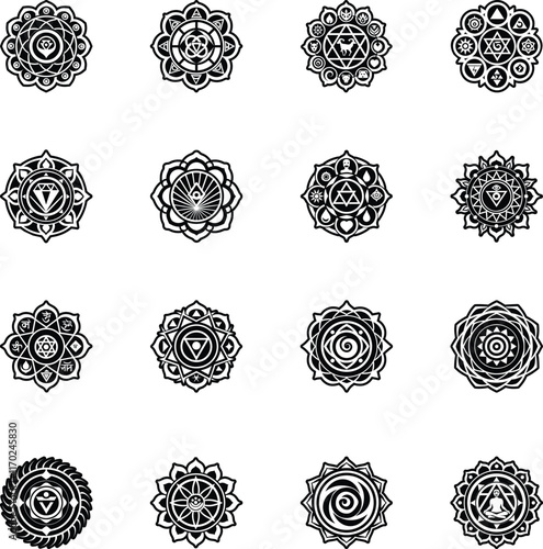 Set of Sanskrit Chakra Symbols Glyph Style Icons 

