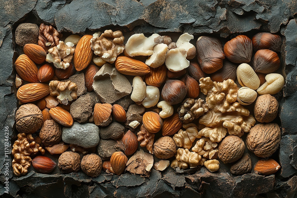 Assortment of mixed nuts displayed on a dark stone background. Assortment of mixed nuts displayed on a dark stone background.