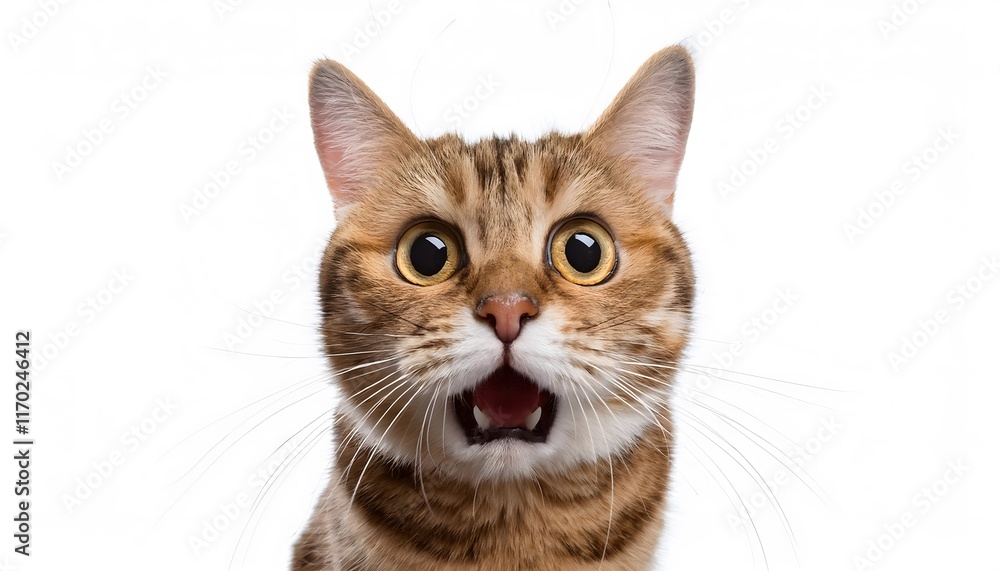 Close-up of a short-haired brown and white tabby cat with large amber eyes and an open mouth showing surprise and curiosity on a plain white background. International Cat Day Close-up of a short-haired brown and white tabby cat with large amber eyes and an open mouth showing surprise and curiosity on a plain white background. International Cat Day