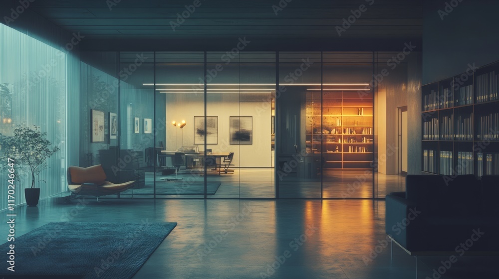 Fototapeta premium Empty workspace with a contemporary design, soft lighting, and glass partitions 
