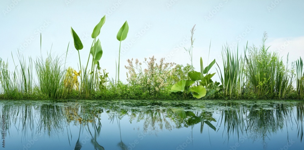 Obraz premium Invasive species rapidly overtaking a tranquil pond, disrupting the local ecosystem and biodiversity.