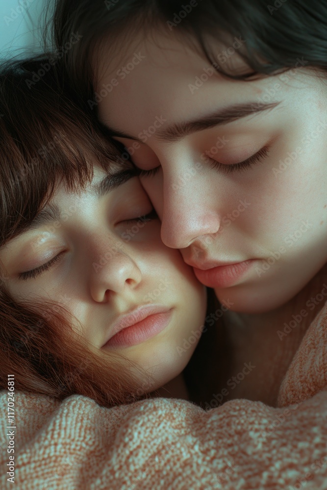Two young women in intimate embrace, sleepy eyes closed, sharing restful moment together. Two young women in intimate embrace, sleepy eyes closed, sharing restful moment together.