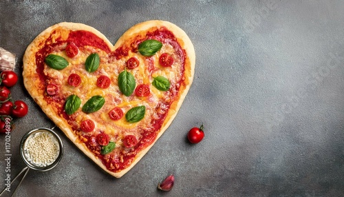 Pizza heart shape with ingredients and copy spase on vintage background. Happy Valentines day