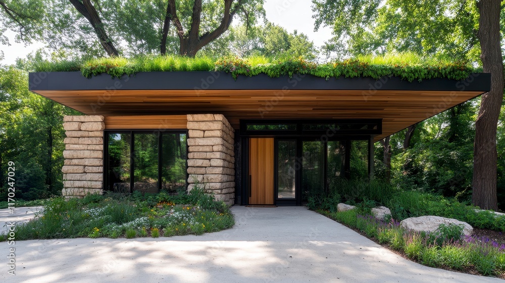 Fototapeta premium Modern eco-friendly house with a green roof and natural stone faÃ§ade surrounded by lush landscaping