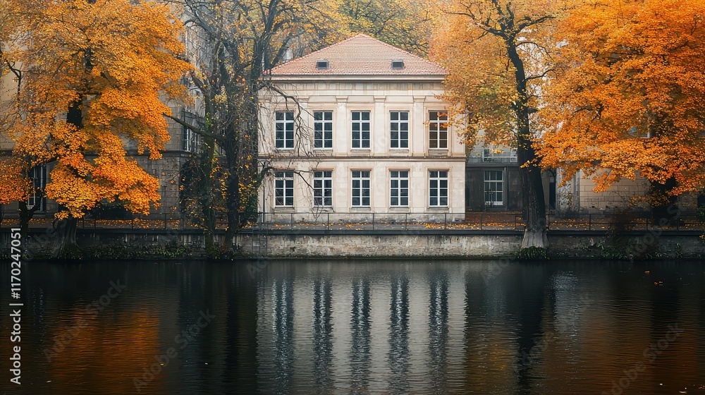 Fototapeta premium Elegant Autumn Scene with Reflections of Heritage Building by Lake