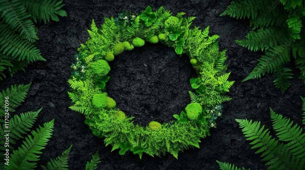 A lush green wreath made of ferns and moss resting on textured black soil, symbolizing nature's beauty and renewal. A lush green wreath made of ferns and moss resting on textured black soil, symbolizing nature's beauty and renewal.