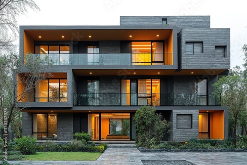 Modern multi-level house with grey stone exterior and warm interior lighting.  Spacious balconies and landscaped yard.