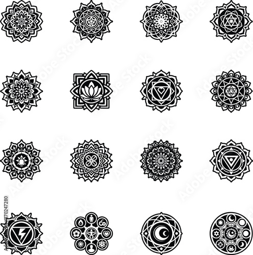 Set of Reiki Chakra Symbols Glyph Style Icons 

