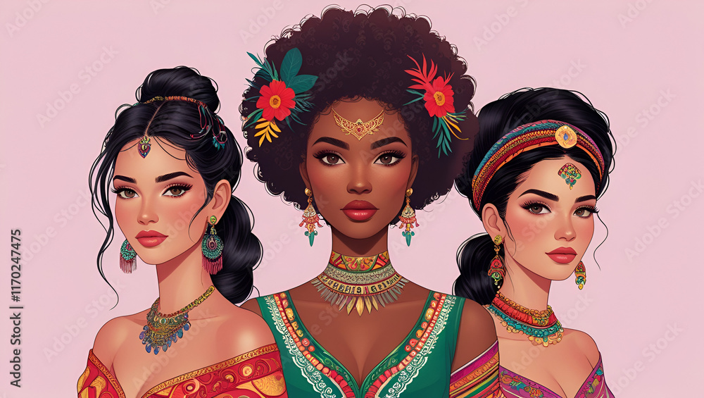 Fototapeta premium World Women's Day, Three Different Nations Women on Isolated Pink Background, women's day concept, vector illustration, Generative Ai