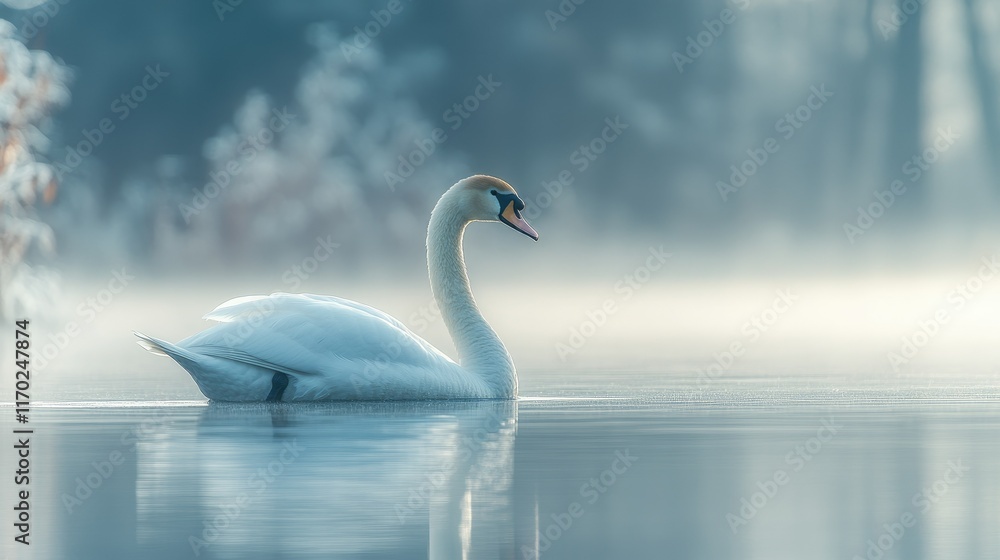 Fototapeta premium Elegant white swan gracefully swimming on calm misty water, serene winter landscape.