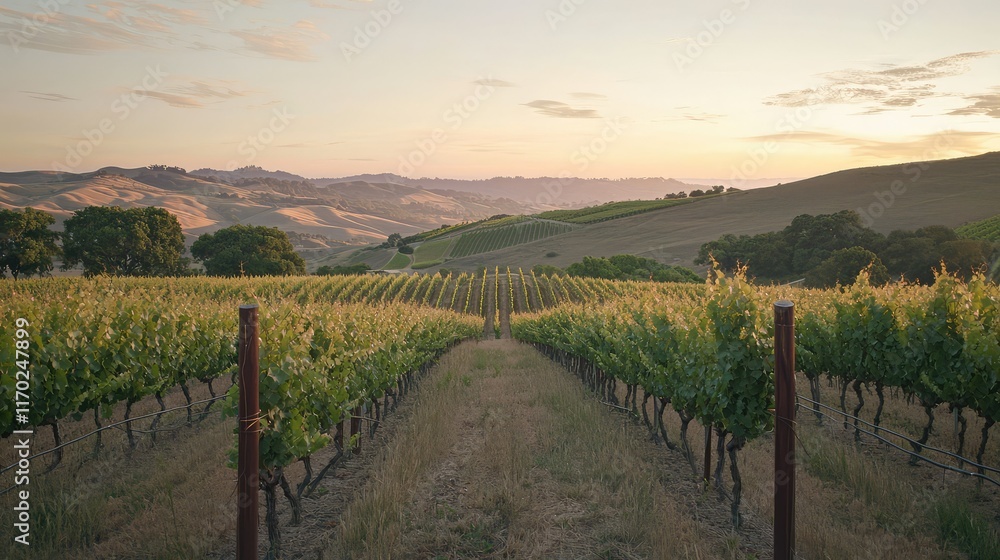 Naklejka premium Scenic Vineyard Landscape at Sunset with Rolling Hills in Background
