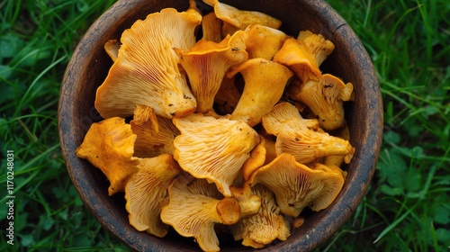 A close-up view of a bowl containing wild mushrooms. These edible fungi are often used as gourmet ingredients and can be foraged from nature during the appropriate season. photo