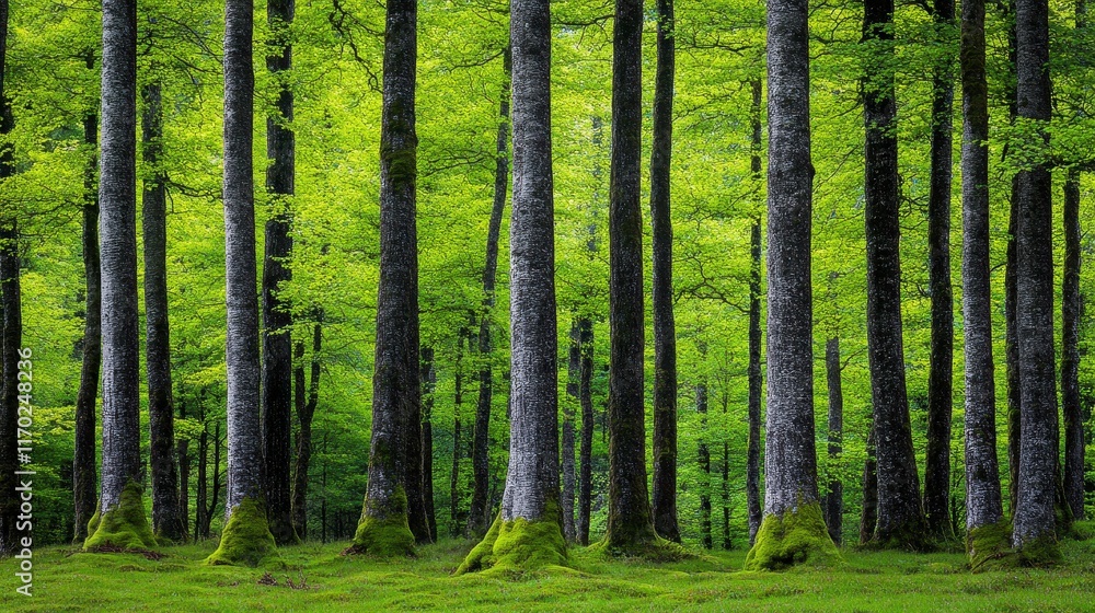 Lush green forest with towering trees showcasing vibrant foliage and a serene atmosphere of tranquility Lush green forest with towering trees showcasing vibrant foliage and a serene atmosphere of tranquility