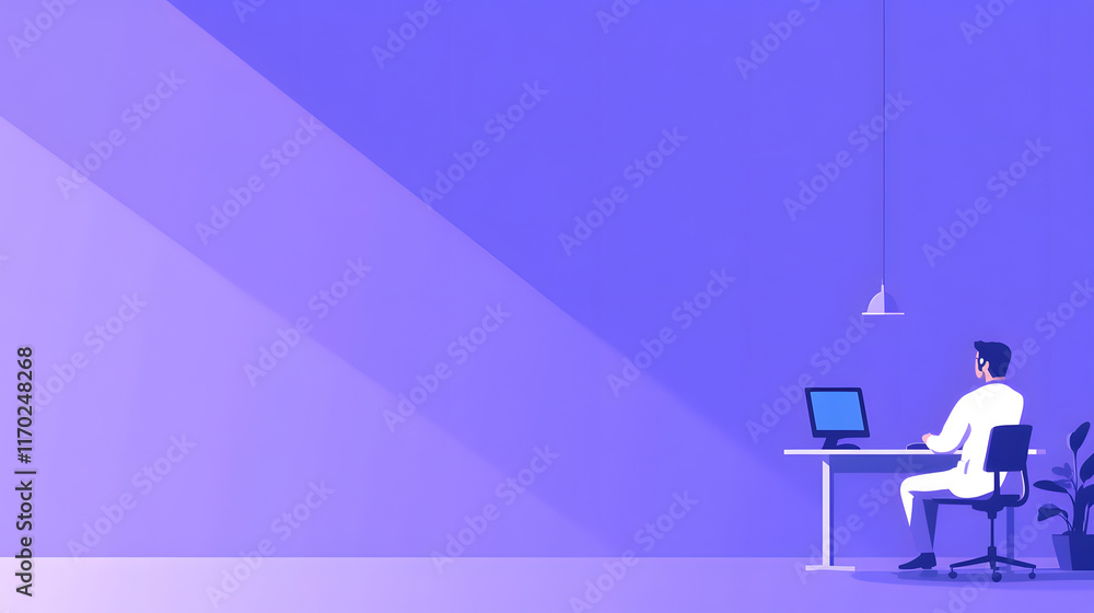 Fototapeta premium A person working at a desk in a minimalist, purple-themed workspace
