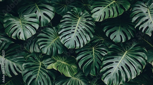 Wallpaper Mural A lush arrangement of deep green Monstera leaves with intricate patterns, creating a tropical and natural texture. Perfect for botanical and eco-friendly themes. Torontodigital.ca