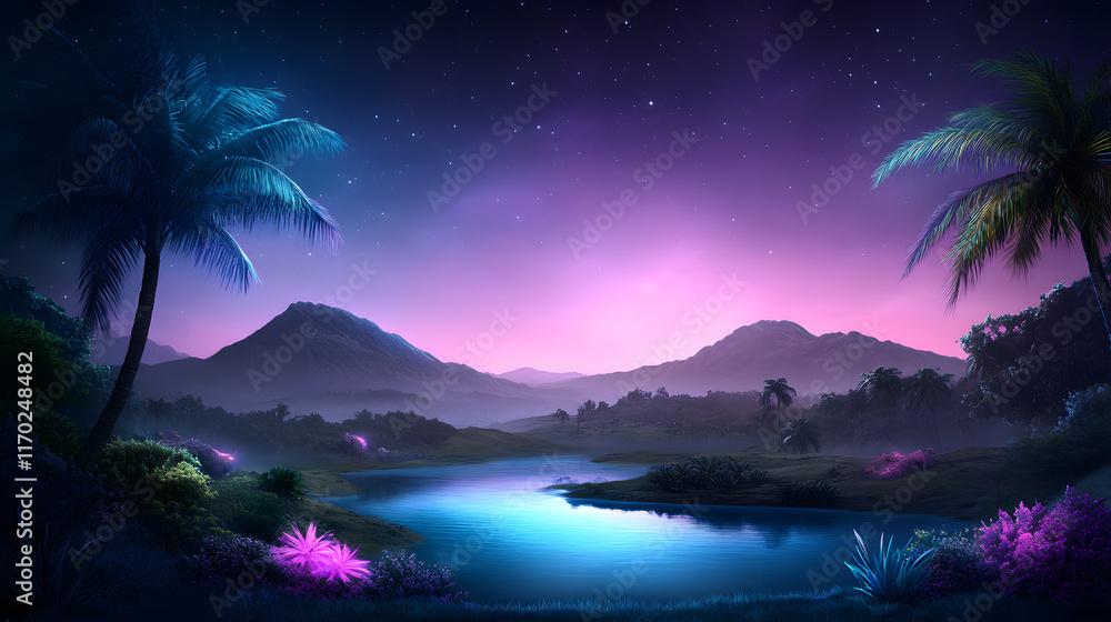 Fototapeta premium Serene night landscape with vibrant colors, mountains, and a reflective water surface