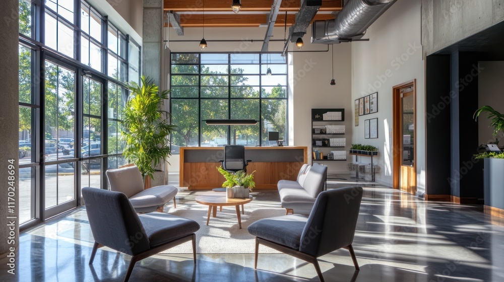 Fototapeta premium Modern Office Lobby with Sunlight Streaming Through Large Windows